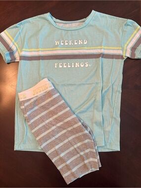 Justice Girls Aqua "Weekend Feelings" Pajama Set with Pastel Stripes